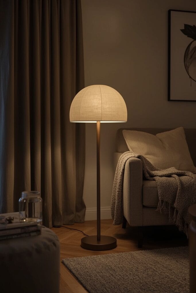 Lampe champignon posée au sol éclairant un coin de salon d'appartement le soir, idée deco salon.