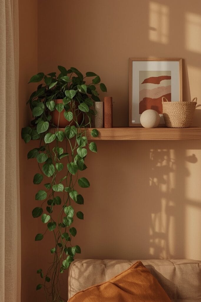 Plante tombante et décoration colorée sur une étagère haute dans un salon d'appartement cosy, idée deco salon.