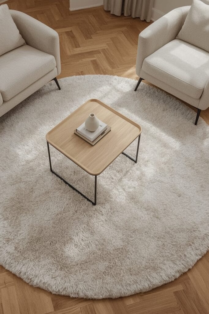 Tapis rond moelleux avec table basse rectangulaire posée dessus dans un salon d'appartement, idée deco salon.