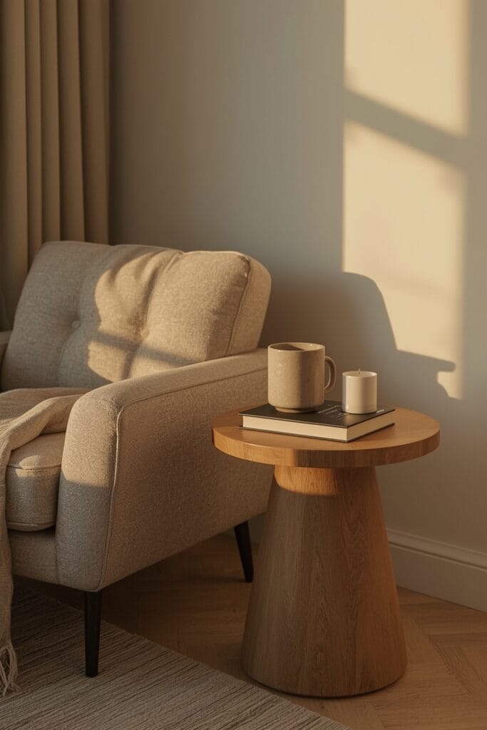 Petite table d'appoint en bois avec tasse, livre et bougie près d'un fauteuil dans un salon à l'heure dorée, idée deco salon.