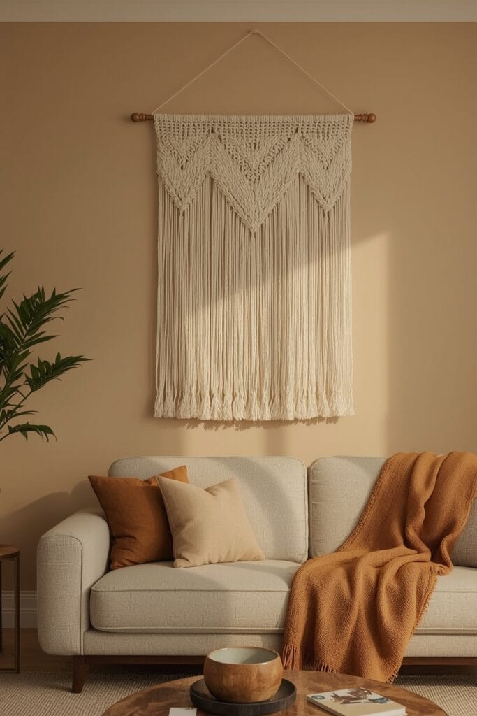 Tissage mural en laine crème accroché au-dessus d'une console décorée dans un salon chaleureux à l'heure dorée, idée deco salon.