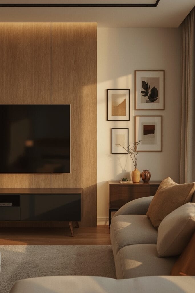 Mur décoratif avec panneau en bois fin derrière une télévision moderne dans un salon cosy, idée deco salon.