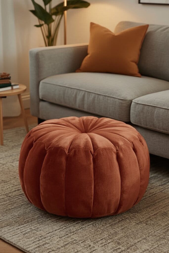 Pouf rond en velours près d'un canapé dans un salon d'appartement cosy, idée deco salon.