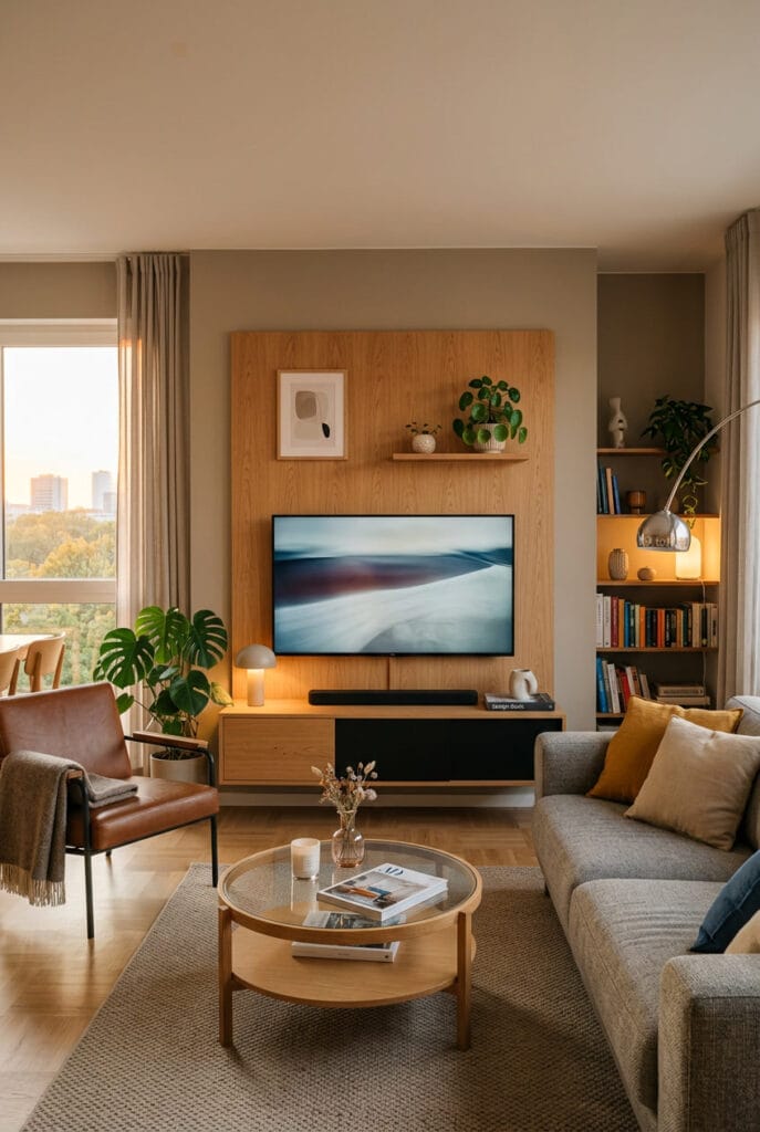 Panneau en bois fin derrière une télévision dans un salon cosy et moderne