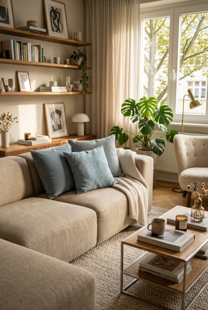 Coussins assortis en nuances proches disposés sur un canapé de salon décoré