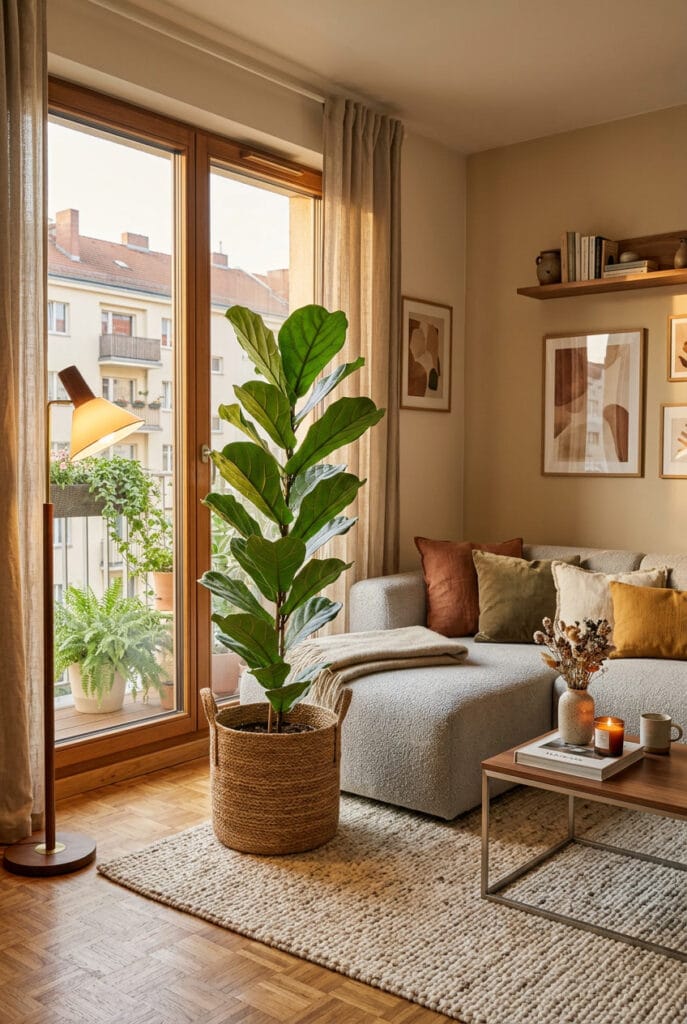 Plante figue-lyre dans un panier de jute dans un salon cosy et naturel