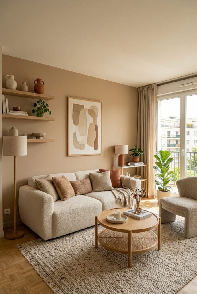 Mur salon peint en beige argile dans un intérieur cosy et élégant
