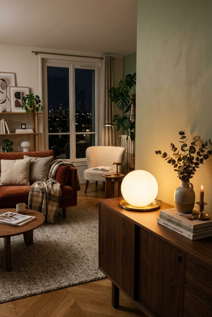 Lampe globe opaline posée sur un meuble bas dans un salon cosy et tamisé