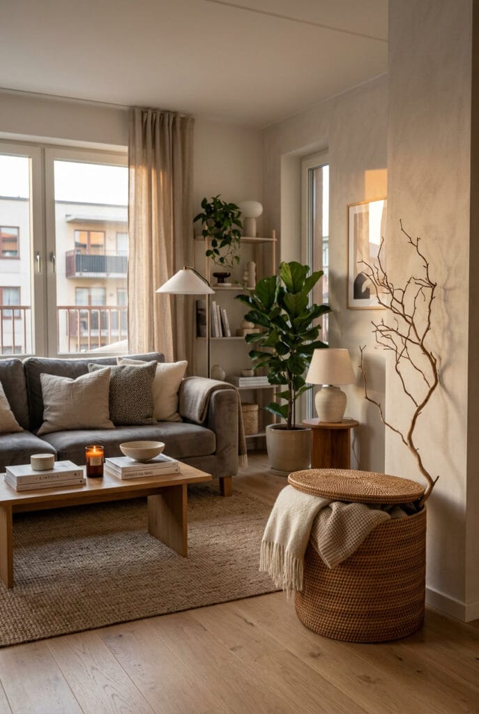 Idée déco salon avec panier à couvercle et branche séchée dans un intérieur cosy