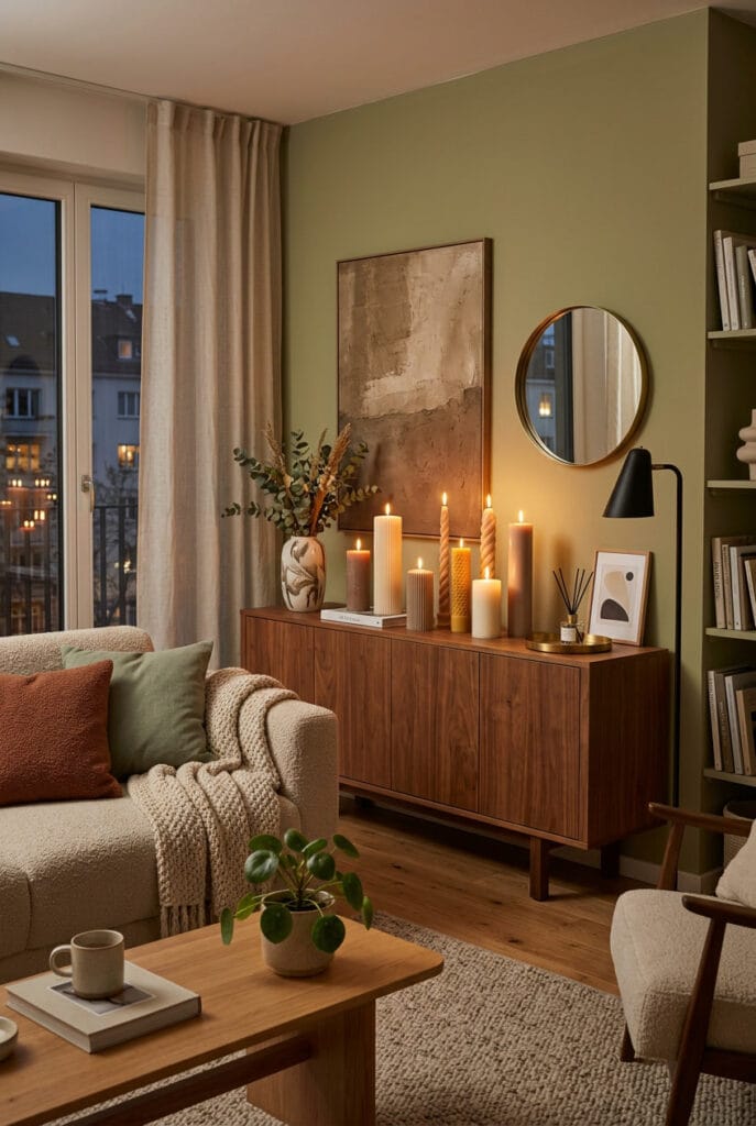 Bougies XXL alignées sur un buffet de salon dans une ambiance chaleureuse et tamisée