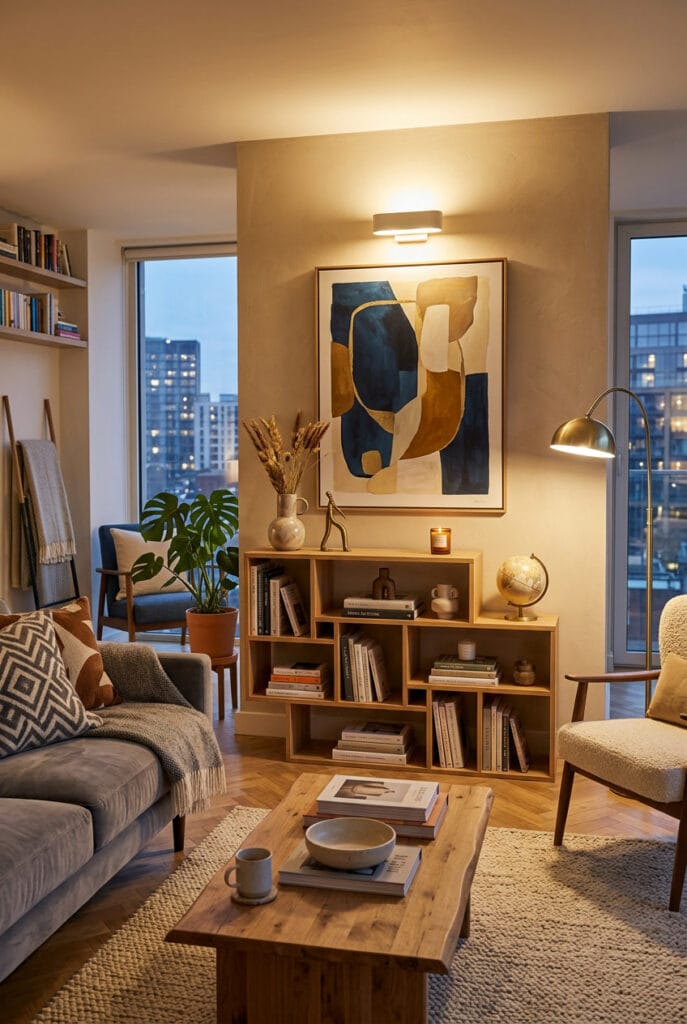 Bibliothèque basse sous un tableau dans un salon décoré avec soin