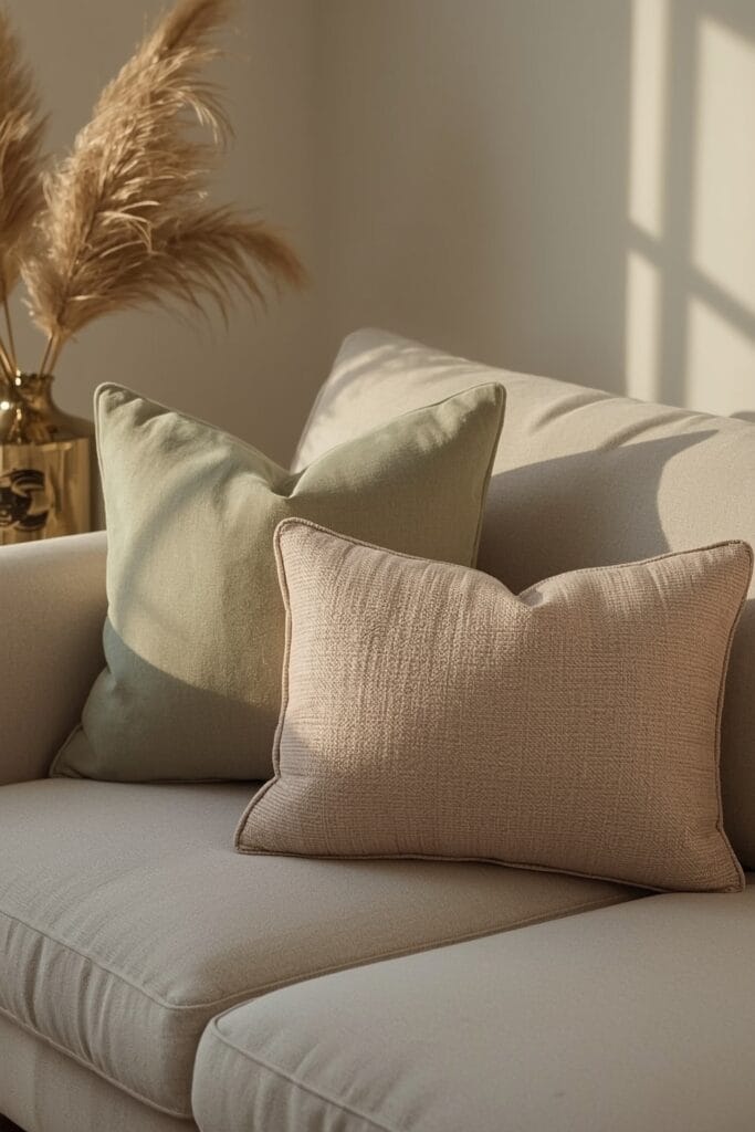 Trio de coussins décoratifs aux nuances similaires et textures variées sur un canapé, idée deco salon.