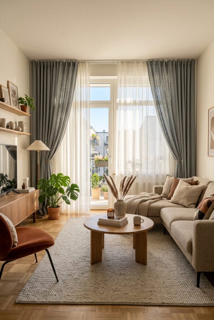 Superposition voilage et rideau épais dans un intérieur salon chaleureux et raffiné