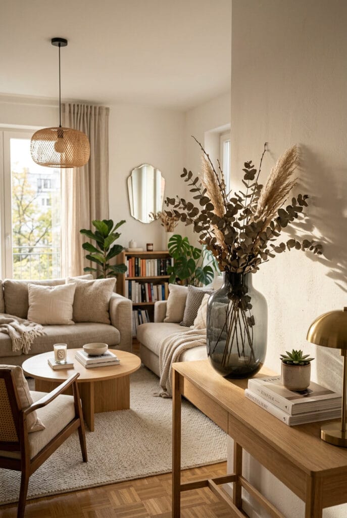 Idée déco salon avec vase en verre fumé et branches sèches près d'une source de lumière