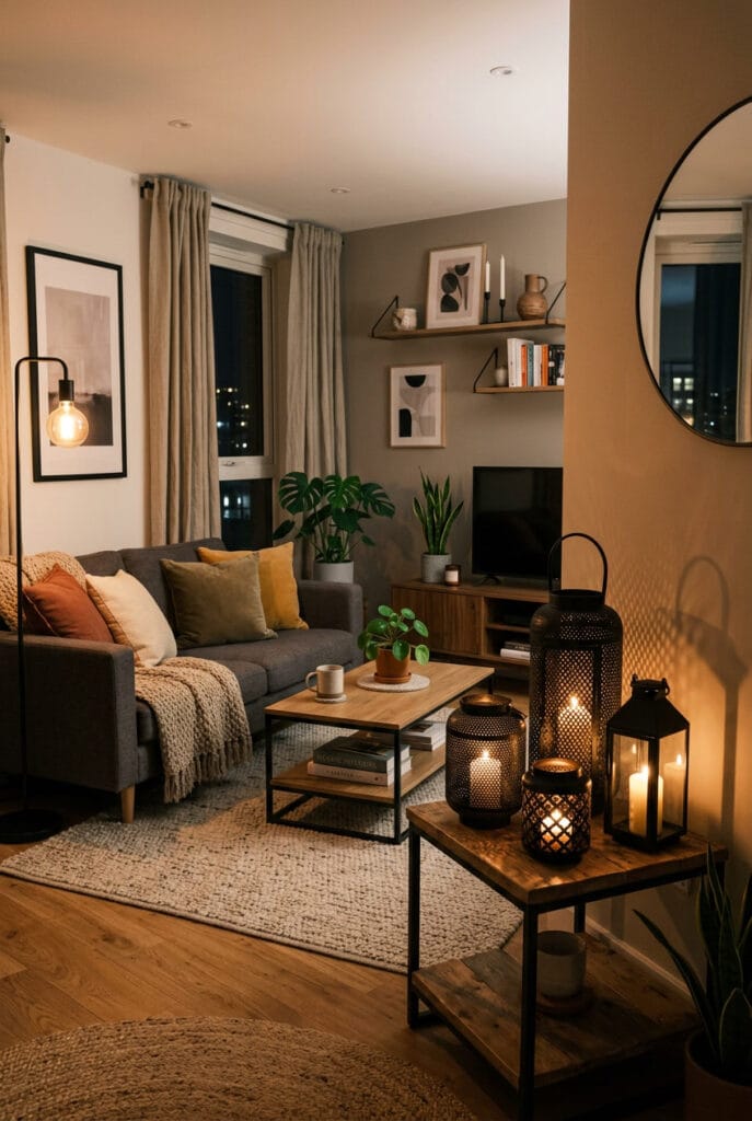 Lanternes en métal noir dans un coin de salon cosy et intimiste