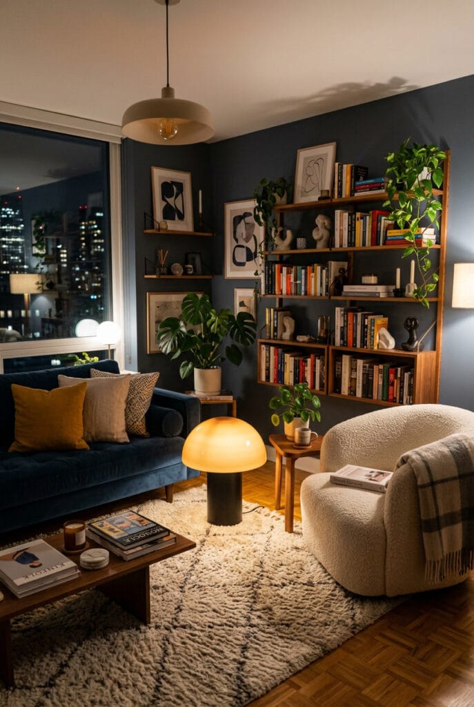 Lampe champignon posée au sol dans un coin salon cosy et tamisé