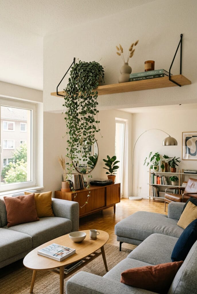 Plante retombante sur étagère murale haute dans un intérieur salon cosy et végétal