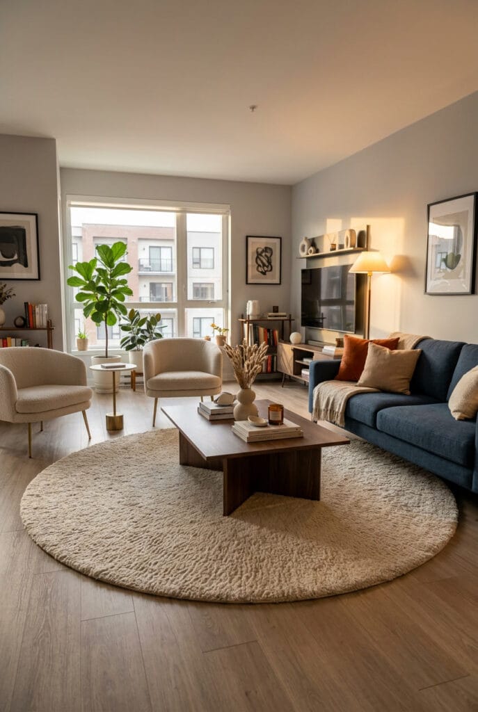 Tapis rond moelleux sous table basse dans un intérieur salon élégant et cocooning