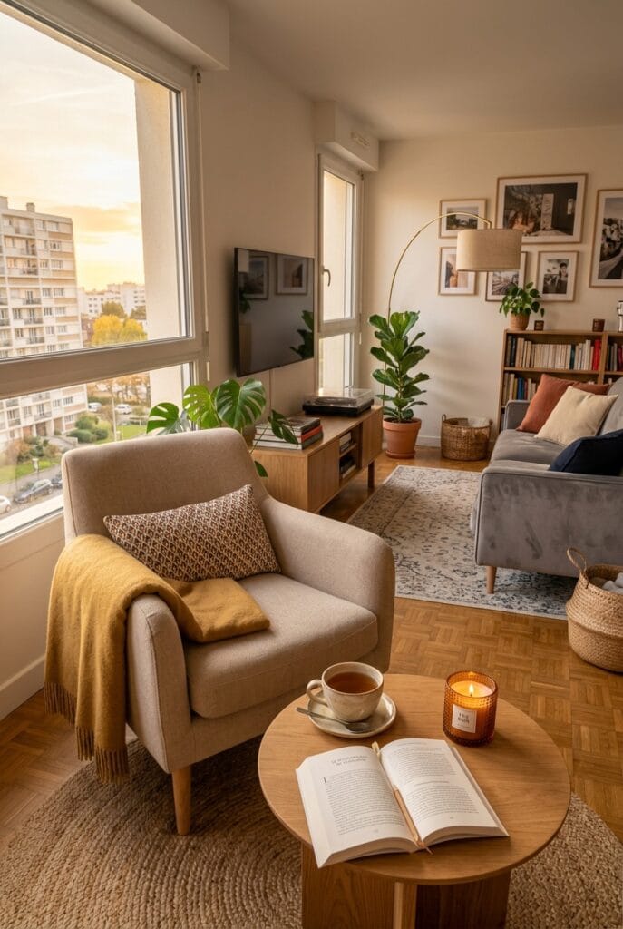 Petite table d'appoint près d'un fauteuil dans un salon cosy et chaleureux