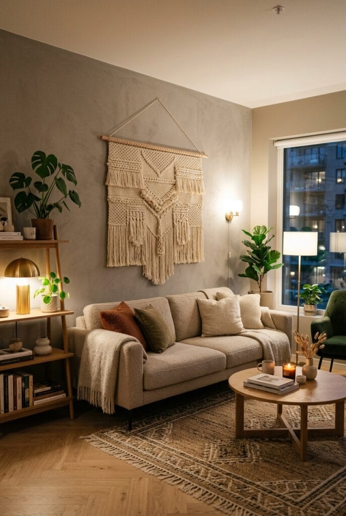 Tissage en laine crème accroché au mur au-dessus d'un canapé de salon élégant