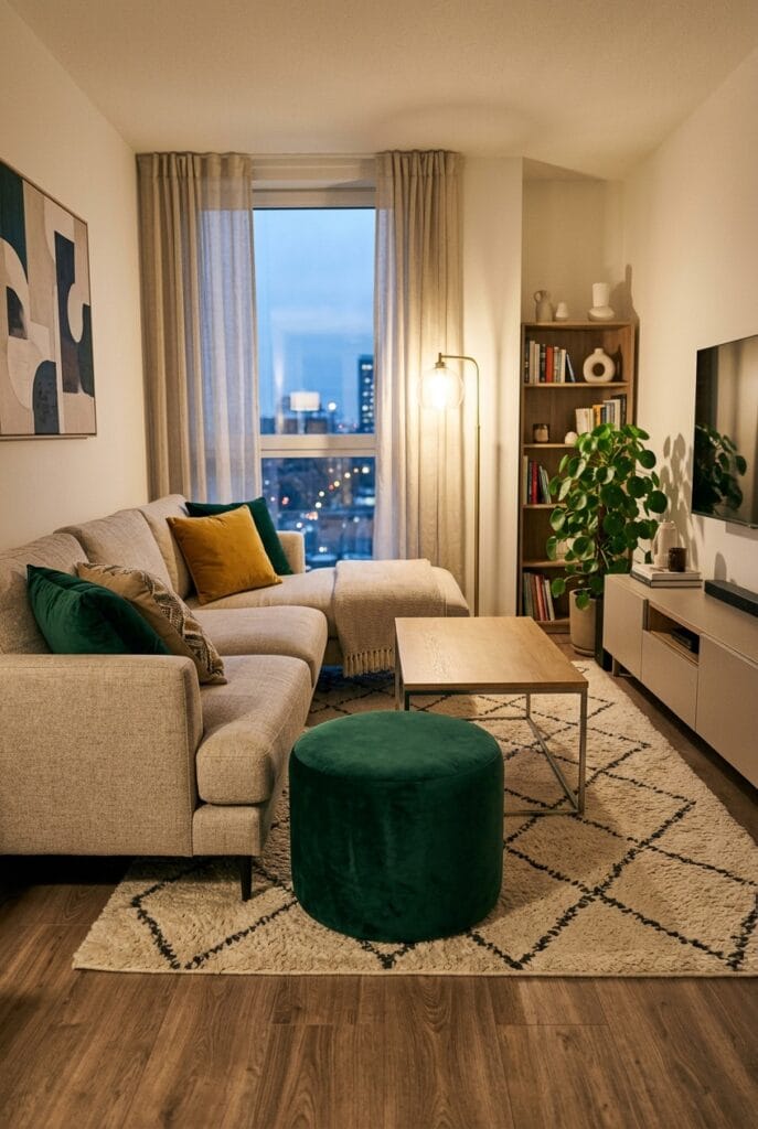 Pouf velours rond coloré posé près d'un canapé dans un intérieur salon raffiné