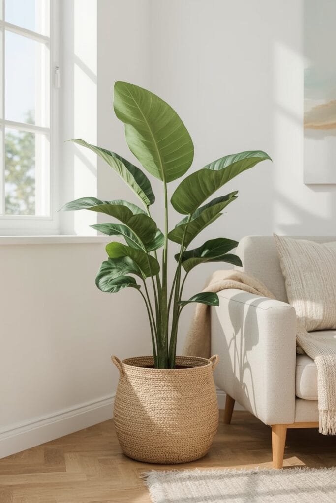 Plante Figue-lyre dans un panier de jute près d'une fenêtre dans un salon chaleureux, idée deco salon.