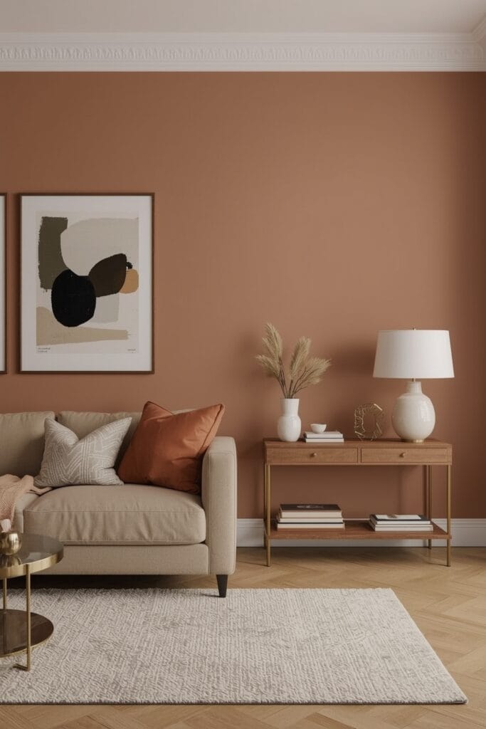 Salon d'appartement ultra cosy avec mur beige argile, canapé avec nombreux coussins et plaids, lampes, étagère et table décorée, idée deco salon.