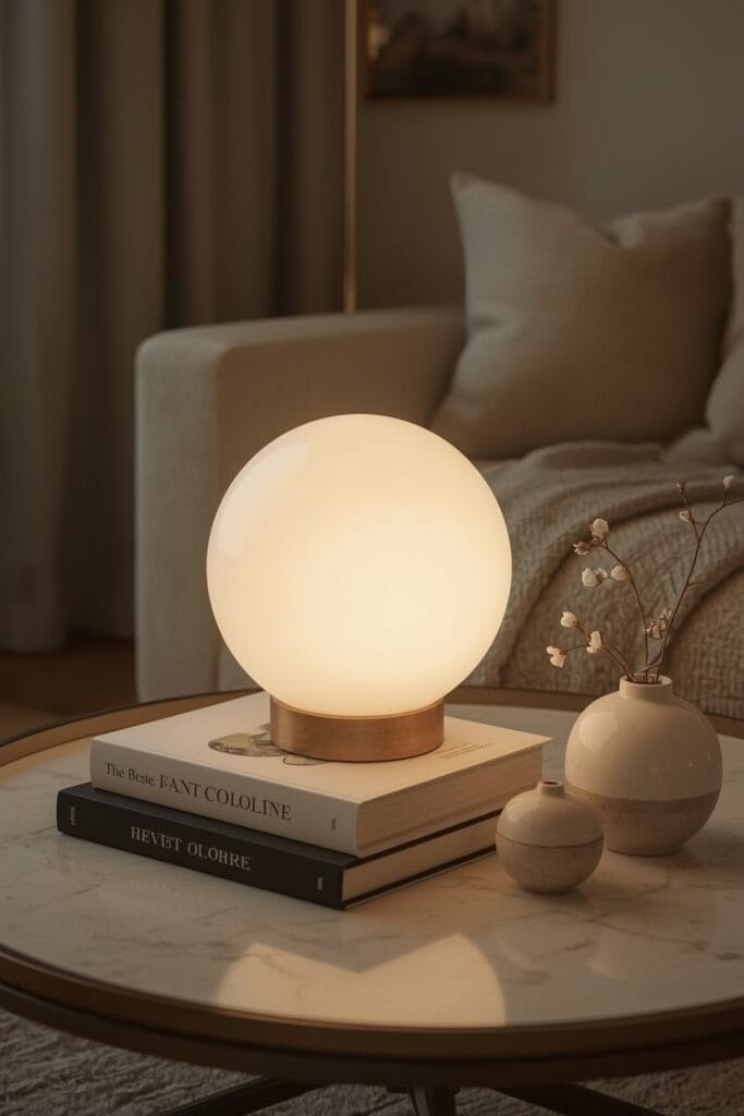 Lampe globe opaline allumée sur un meuble bas entourée de livres et d'objets décoratifs dans un salon d'appartement cosy, idée deco salon.