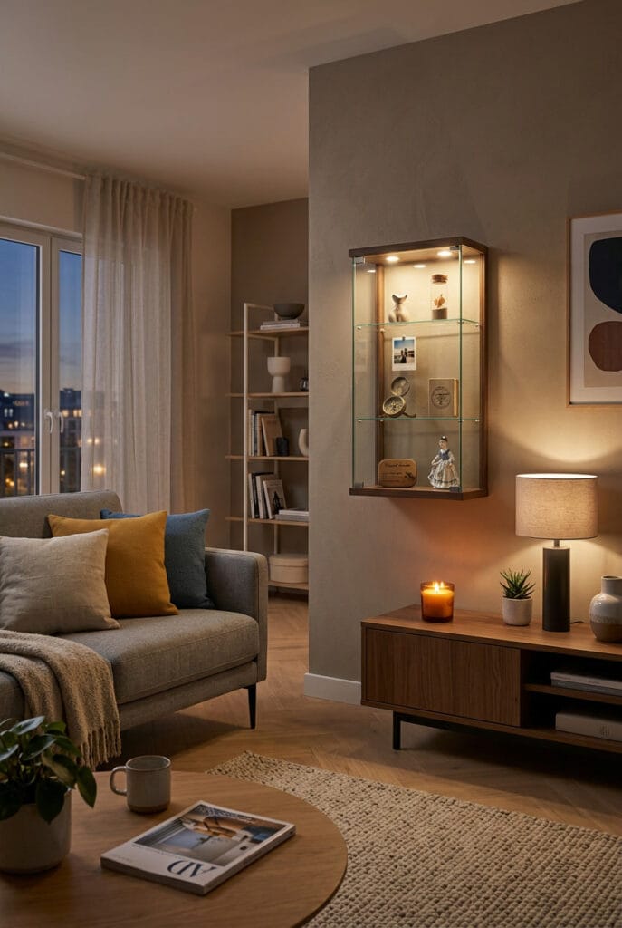 Mini-vitrine murale décorative dans un salon cosy et chaleureux