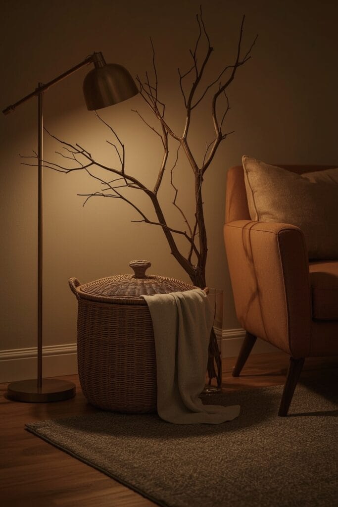 Panier avec couvercle et branche séchée décorative dans un coin de salon d'appartement le soir, idée deco salon.