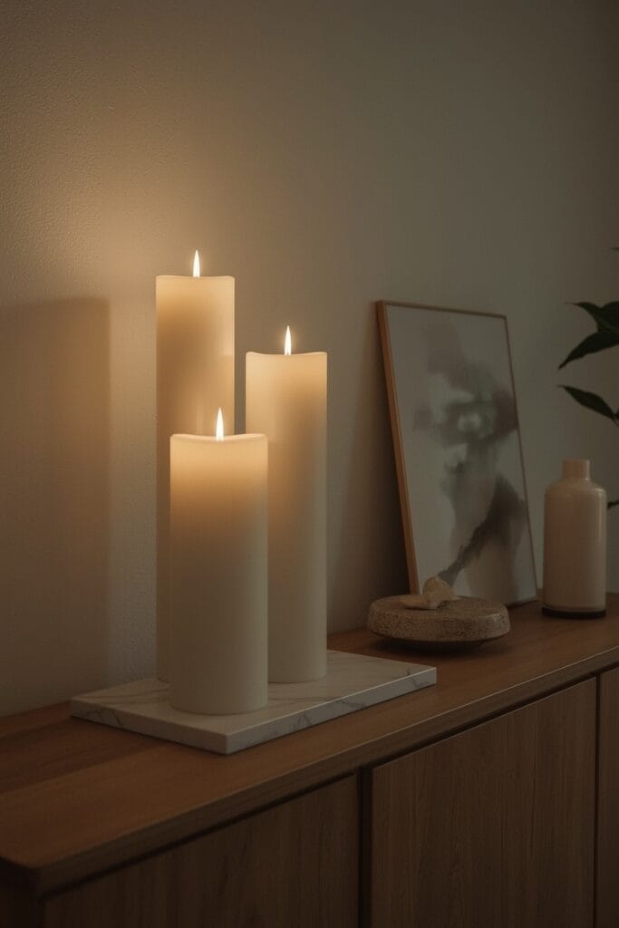 Groupe de bougies XXL allumées sur un buffet dans un salon d'appartement le soir, idée deco salon.