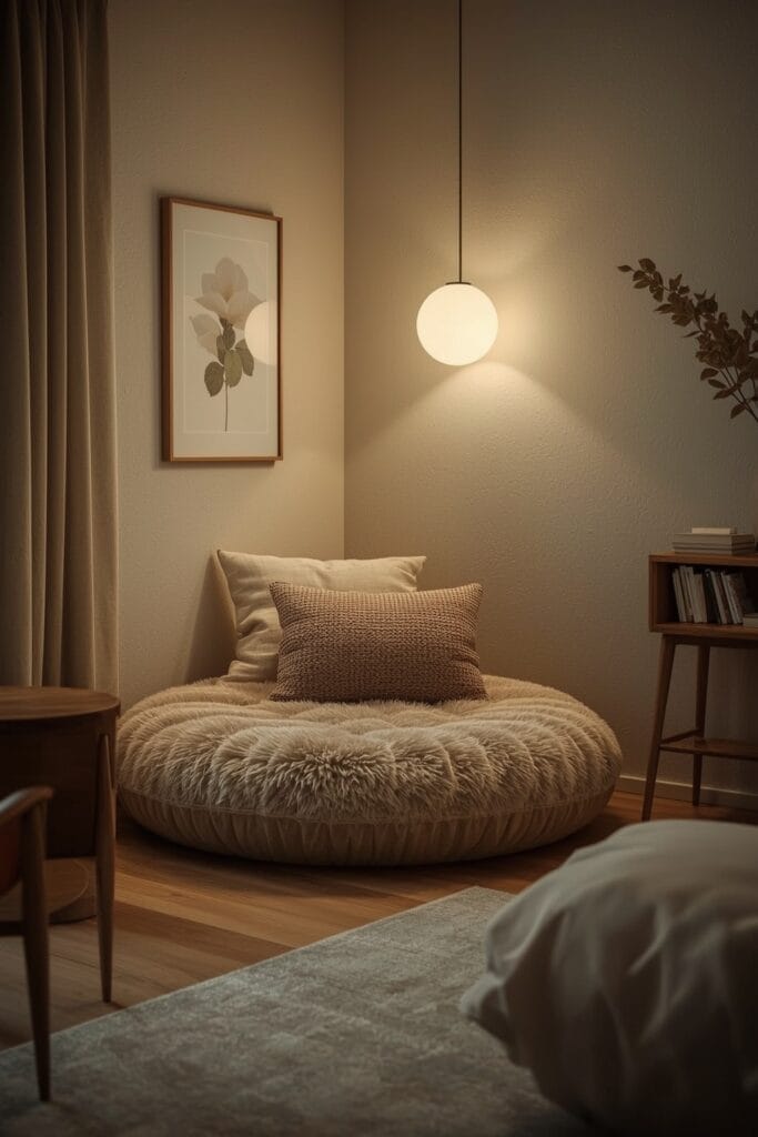 Grand coussin pouf au sol en velours près d'une table basse dans un salon d'appartement cosy, idée deco salon.