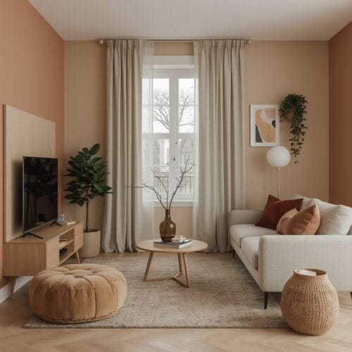 Décoration salon cosy pour appartement standard intégrant idées pratiques : panneau bois fin, mur beige, trio de coussins, pouf, plantes d'intérieur, lampes design et rangements décoratifs. Ambiance Deco Salon harmonieuse et tendance.