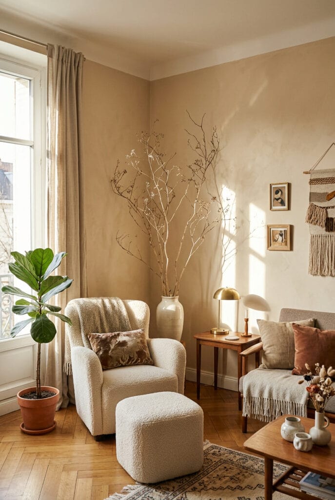 Décoration intérieure cosy avec branches séchées installées verticalement sur un mur créant une ambiance naturelle et minimaliste