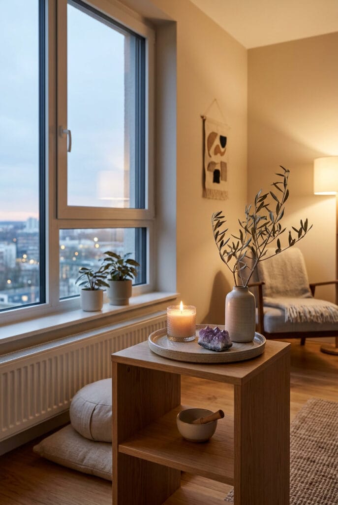 Petit autel de bien-être cocooning avec bougie parfumée, cristal et branche sèche disposés avec soin sur un plateau pour une atmosphère sereine et apaisante