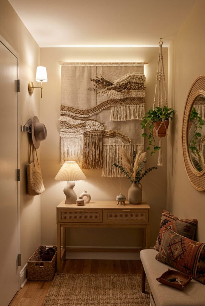 Fresque murale en textures naturelles avec lin et fibres créant un point focal poétique et chaleureux dans un salon cosy