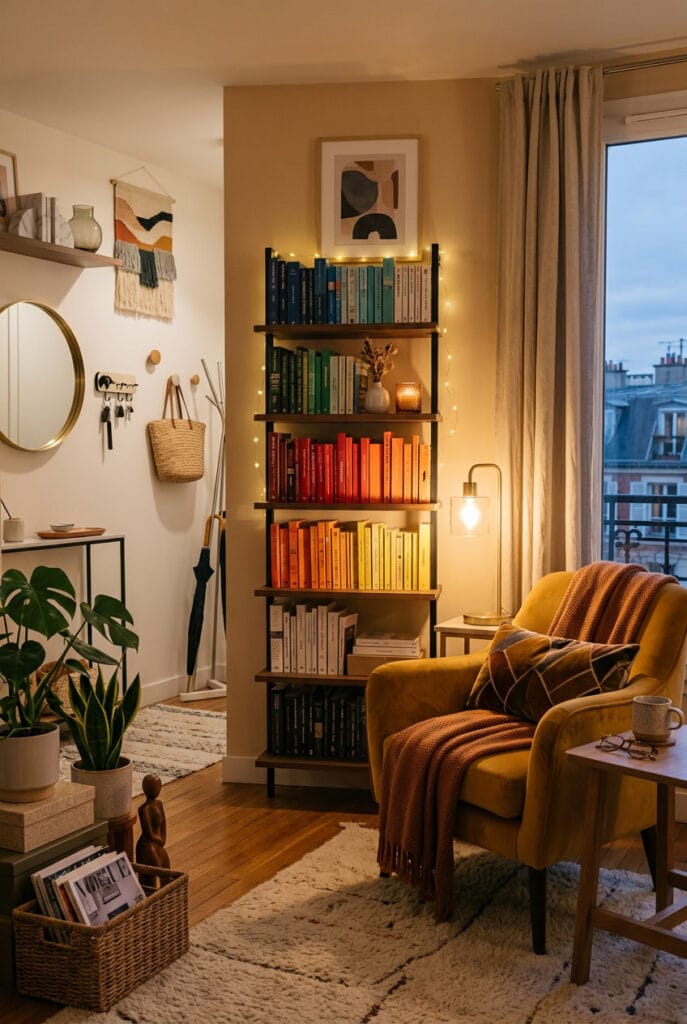 Étagère cocooning avec livres en dégradé de couleurs pastels et objets délicats comme vase et bougie dans une ambiance lumineuse et douce
