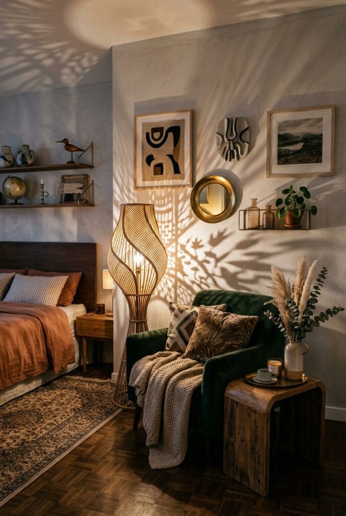 Mur d'ombres lumineuses créé par une lampe sculpturale diffusant des silhouettes douces et poétiques dans une ambiance cocooning intime