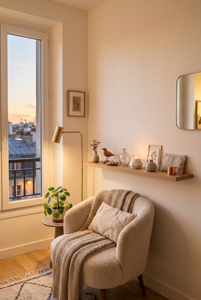 Composition décorative douce avec céramiques artisanales, petits souvenirs et bougie disposés en alternance sur une étagère discrète et poétique