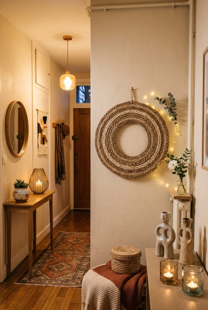 Couronne murale artisanale en fibres naturelles tressées à la main apportant sérénité et douceur à un mur lumineux et apaisant