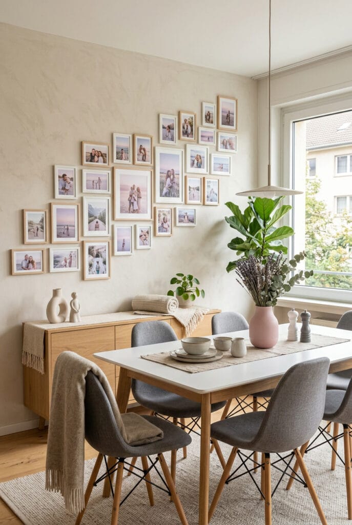 Galerie murale poétique avec photos en tons doux et brumeux disposées en diagonale rythmée dans une ambiance chaleureuse et apaisante