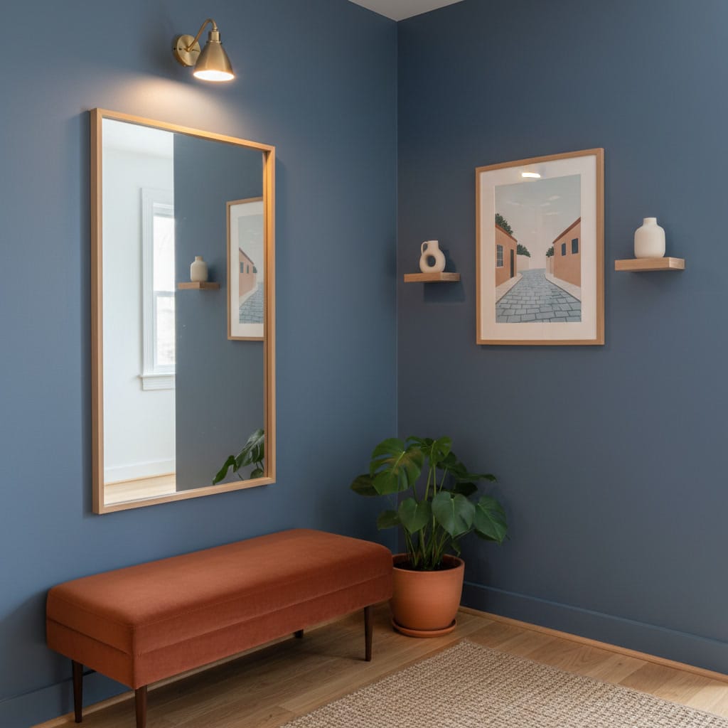 Détail d'un couloir avec peinture couloir bleu gris lavande, un miroir en chêne, un banc velours terracotta, une plante et une décoration murale harmonieuse avec une illustration cosy.