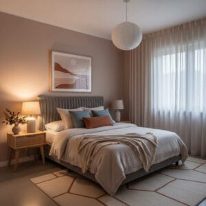 Décoration chambre cosy avec peinture murale beige rosé et ambiance douillette au crépuscule, illustrant des idées de peinture chambre.