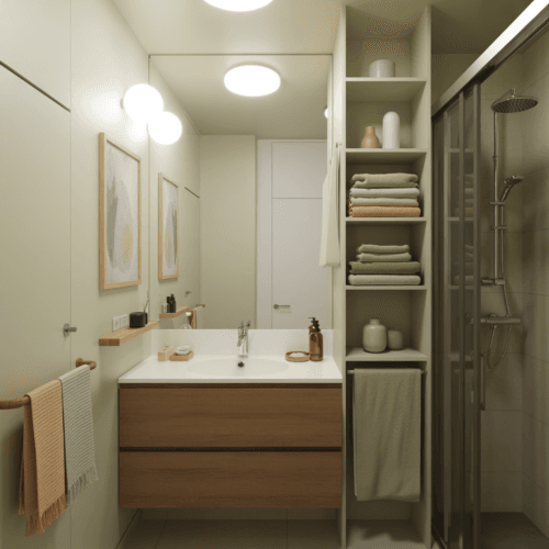 Petite Salle de Bain optimisée avec rangements muraux, miroir large et mobilier multifonctionnel