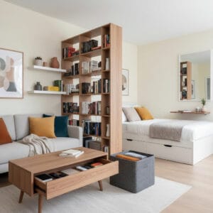 Coin salon multifonctionnel dans un petit appartement moderne, mettant en scène des solutions astucieuses de rangement caché comme une table basse à tiroir, un pouf de rangement, un lit à tiroirs intégrés et des étagères murales modulables.