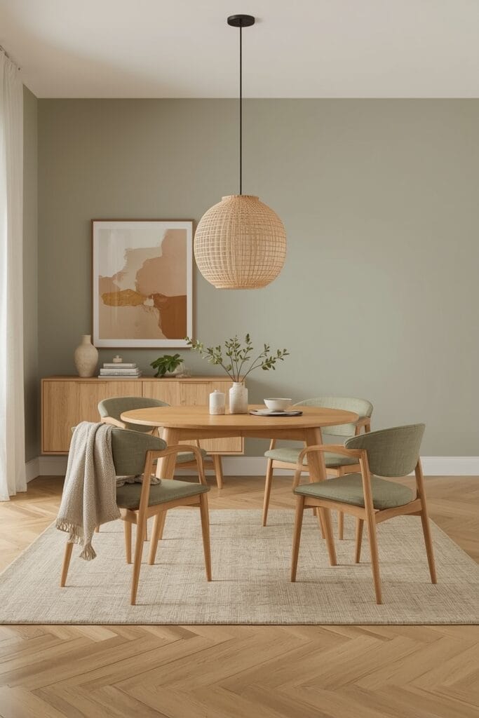 Salle à manger équilibrée avec murs gris-beige, délimitée par un tapis et une suspension. Circulation fluide et espace modulable.