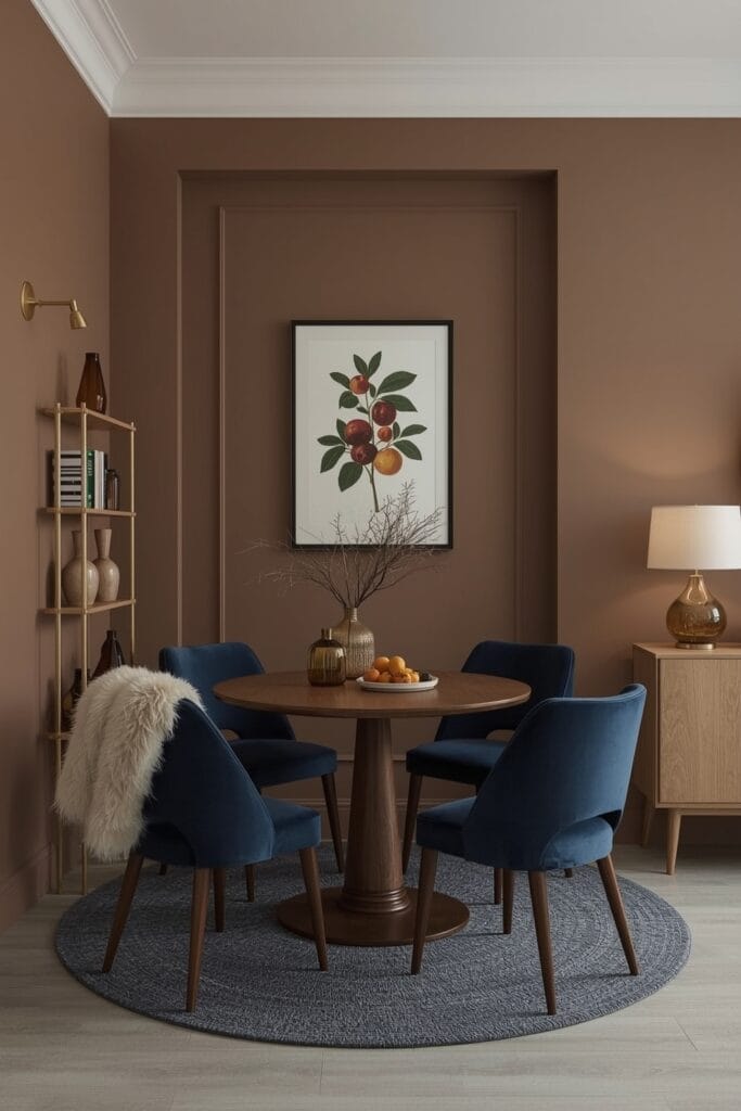 Coin salle à manger intimiste dans un appartement, avec maux taupe chaleureux, rangements intégrés et velours bleu.