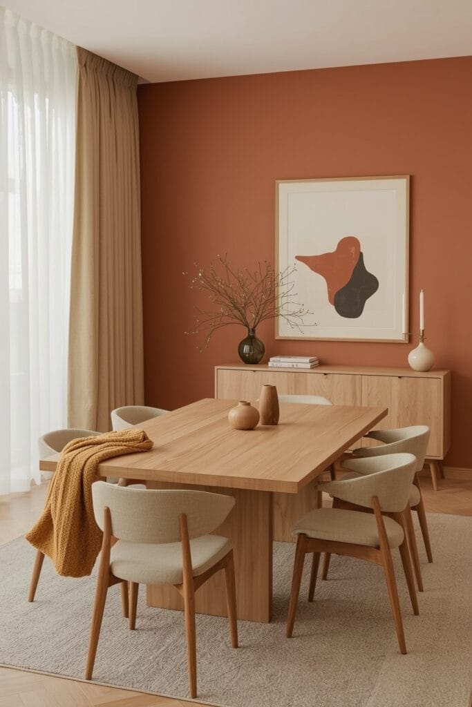 Salle à manger rectangulaire chaleureuse avec une table allongée en bois clair, éclairée par une grande fenêtre.