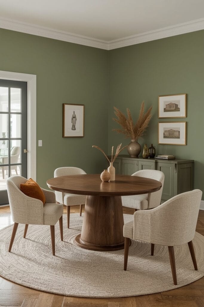 Salle à manger carrée cosy avec une table ronde en noyer, des fauteuils en bouclé et une crédence arrondie.