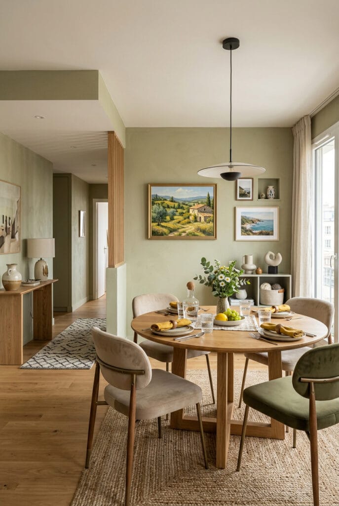 Salle à manger ouverte avec espace bien délimité et circulation fluide autour de la table